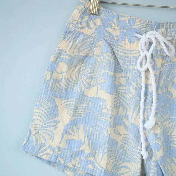 Free People Blue & Yellow Tropical Palm Leaf Island Seersucker Shorts - Picture 4 of 7